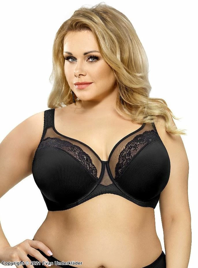 Comfortable Full Cup Bra, Sheer Lace, Mesh Inlay, D To M-cup 1 Comfortable Full Cup Bra, Sheer Lace, Mesh Inlay, D To M-cup