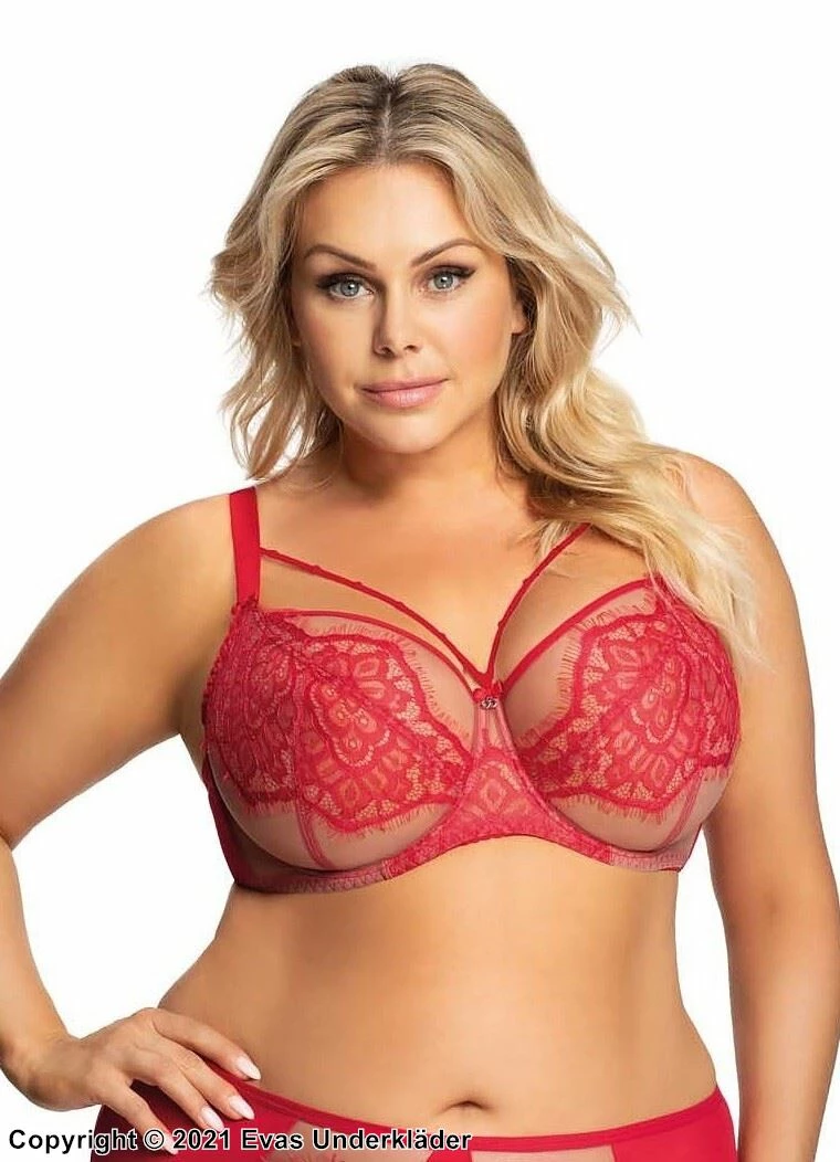 Soft Cup Bra, Sheer Mesh, Straps Over Bust, Eyelash Lace, D To M-cup 1 Soft Cup Bra, Sheer Mesh, Straps Over Bust, Eyelash Lace, D To M-cup