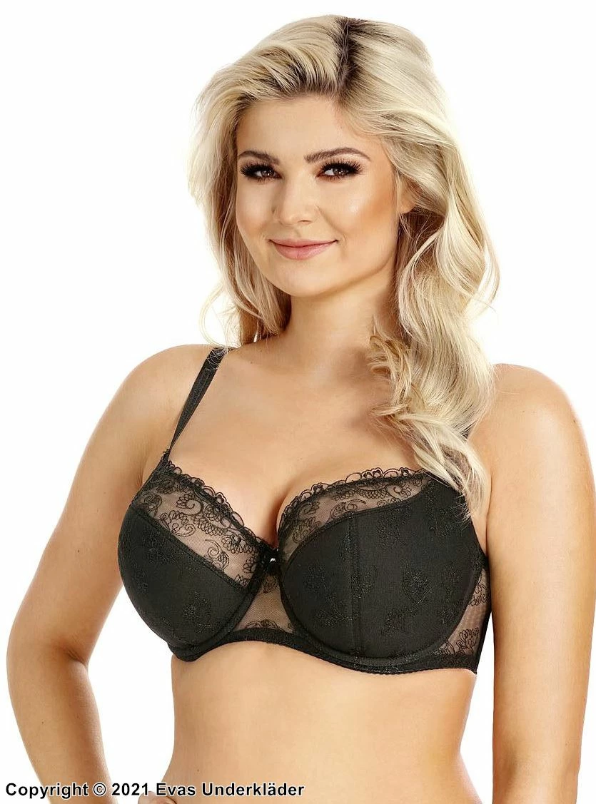 Comfortable Bra, Partially Sheer Cups, Lace Embroidery, C To M-cup 1 Comfortable Bra, Partially Sheer Cups, Lace Embroidery, C To M-cup