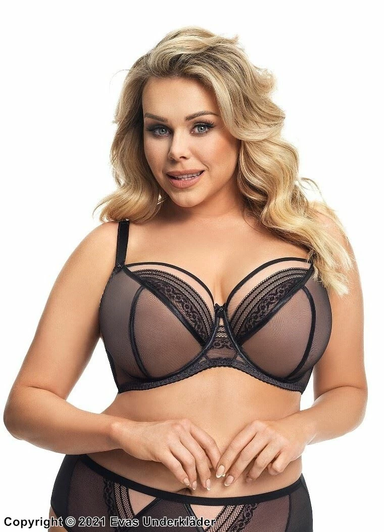 Big Cup Bra, Sheer Mesh, Lace Inlays, D To M-cup 1 Big Cup Bra, Sheer Mesh, Lace Inlays, D To M-cup