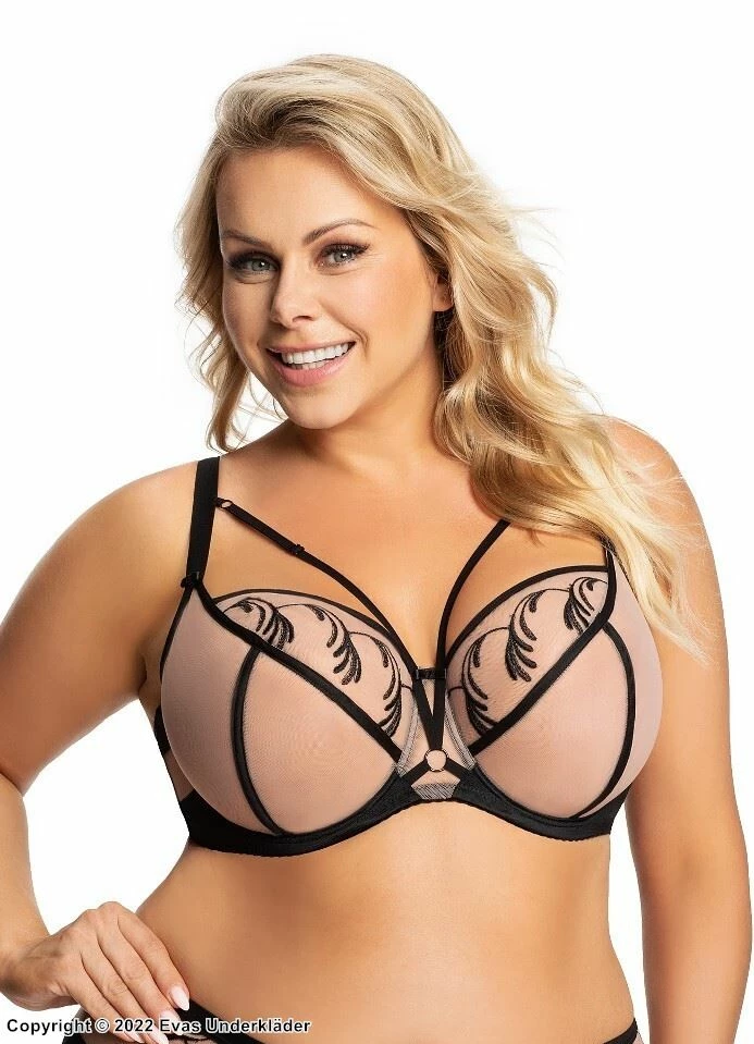 Big Cup Bra, Embroidery, Wide Shoulder Straps, Straps Over Bust, Mesh Overlay, C To M-cup 1 Big Cup Bra, Embroidery, Wide Shoulder Straps, Straps Over Bust, Mesh Overlay, C To M-cup