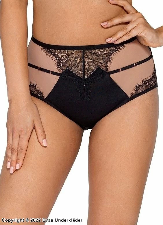 Romantic High Waist Panties, Sheer Mesh, Eyelash Lace, Straps 1 Romantic High Waist Panties, Sheer Mesh, Eyelash Lace, Straps
