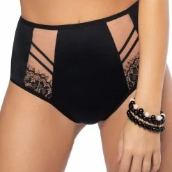 High Waist Panties, Elastic Microfiber, Eyelash Lace, Mesh Inlay
